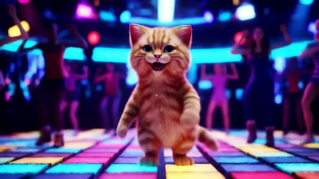 Animated cheerful cat dancing exuberantly on a vibrant nightclub dance floor surrounded by colorful lights. concept of joyful animal, nightlife entertainment, dynamic celebration.. Animation