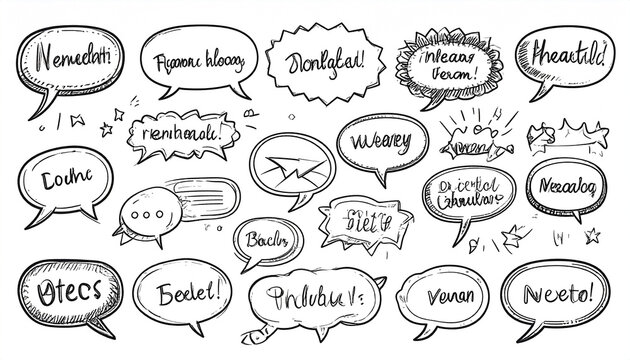 A collection of hand-drawn speech bubbles in various shapes and sizes, filled with seemingly nonsensical words and exclamations, rendered in a sketchy style