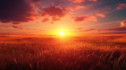 Fototapeta premium Vibrant sunset over a vast, fiery grassland.