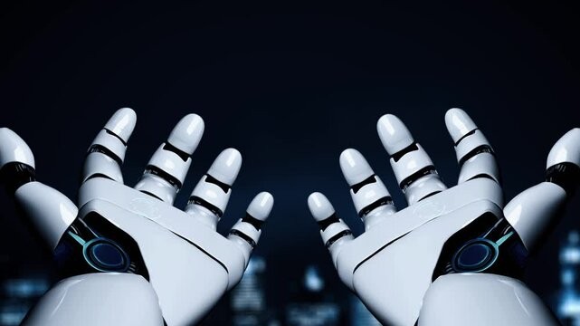 Futuristic robot artificial intelligence enlightening AI technology development and machine learning concept. Global robotic bionic science research for future of human life. 3D rendering graphic.