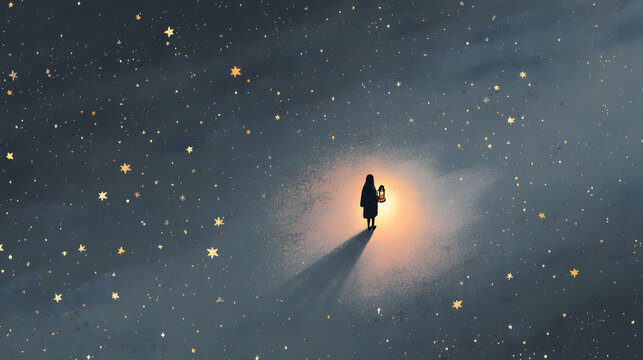 A solitary figure with a lantern walks amidst a breathtaking starry night sky, embodying hope and wonder.