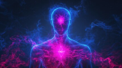 human body soul aura neon glow blue and pink black background silhouette chakra vital energy concept mind esotericism psychology