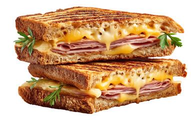 Toasted sandwich with melted cheese and ham, cut diagonally, isolated on plain white background with transparent PNG. Ideal for food menus, recipes, and advertising.

