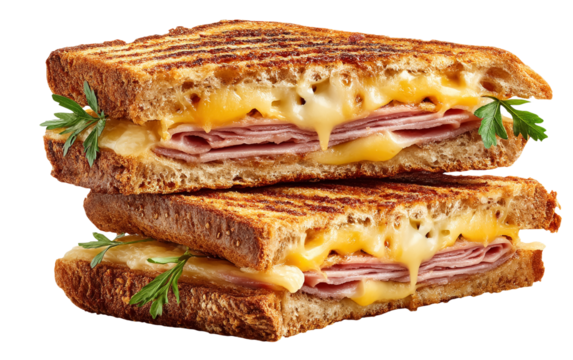 Toasted sandwich with melted cheese and ham, cut diagonally, isolated on plain white background with transparent PNG. Ideal for food menus, recipes, and advertising.

