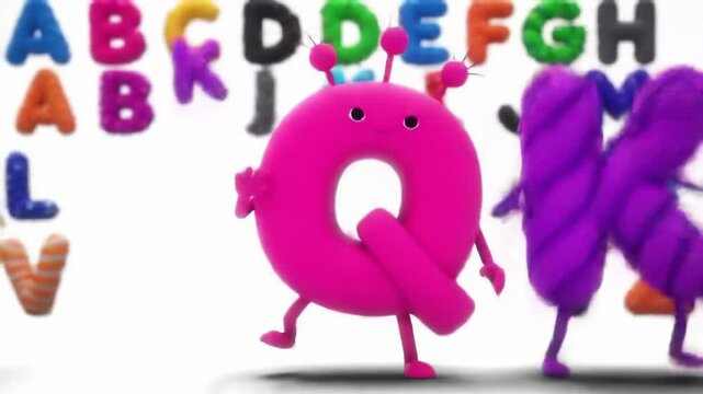 Colorful alphabet letters animation with cute cartoon characters dancing cheerfully in a fun and educational scene. concept of learning, playful education, child creativity, happy letters. Animation