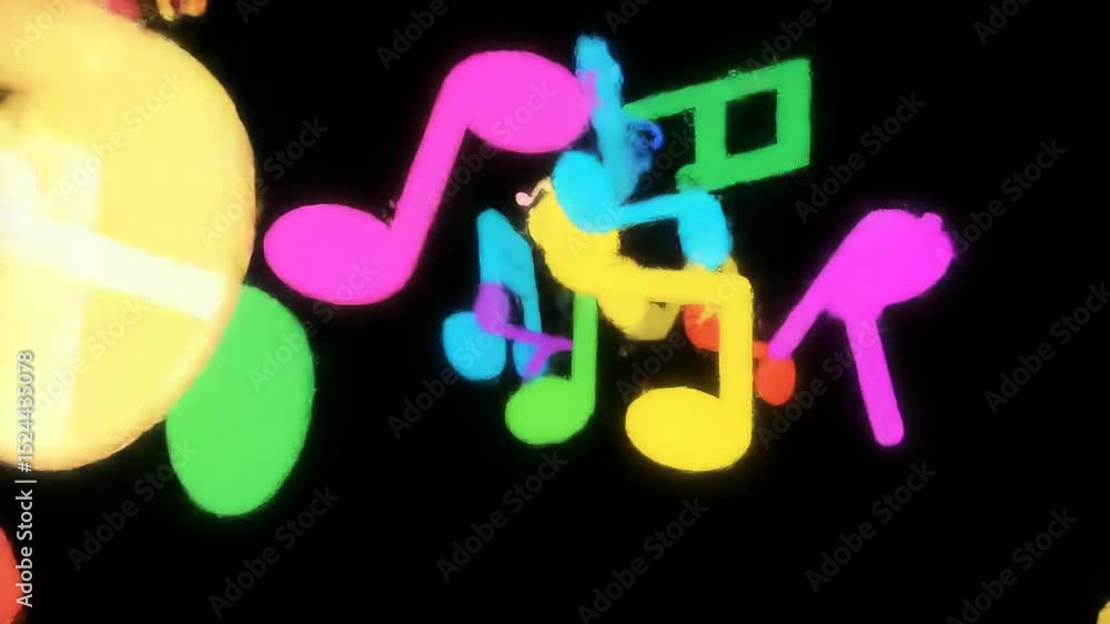 Poster colorful neon music notes on a black background creating a vibrant and dynamic visual display. conce