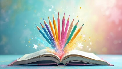 Open book with colored pencils on vivid background. Fantasy glitter effect, education concept with colorful pencils. Knowledge planting in elementary school, back to school.