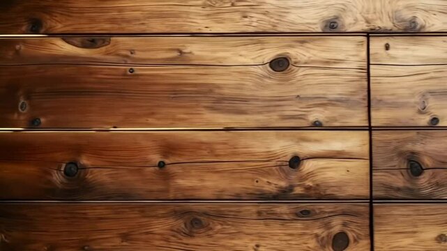 Close up of a wooden paneling with knots and grain patterns in shades of brown and tan colors background texture video
