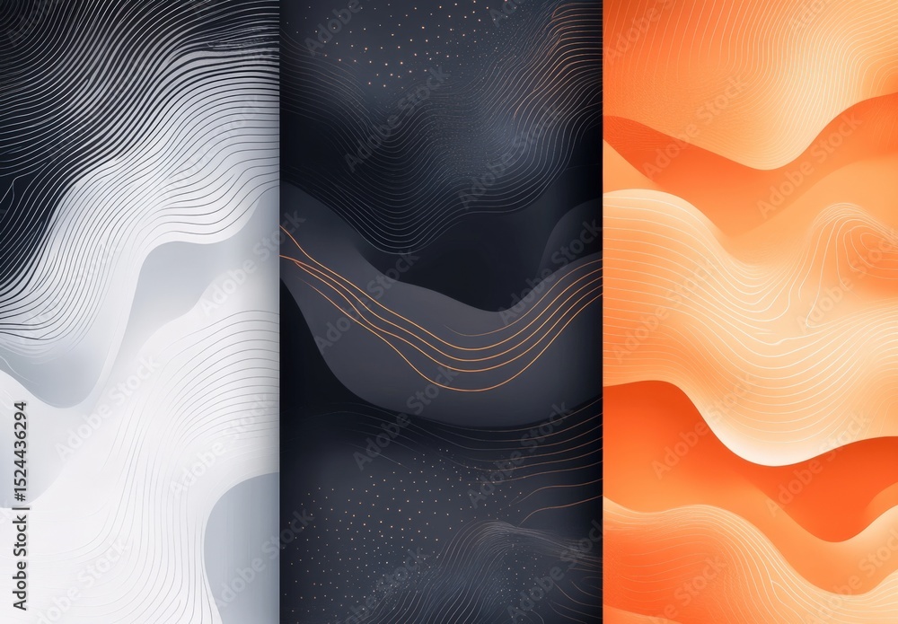Poster three abstract images with a wave pattern in the background