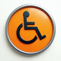 Orange accessibility symbol with wheelchair icon, black on orange background. Design provides equal access for disabled people, representing inclusion, support, diversity in community. Round metal