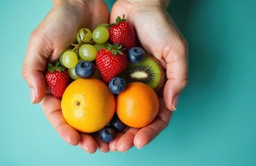 Hands holding assortment fresh fruits. Strawberries, blueberries, oranges, grapes, kiwi show healthy eating, diet, vitamins, antioxidant. Vitamins, food. Healthy lifestyle, organic, nutrition concept.