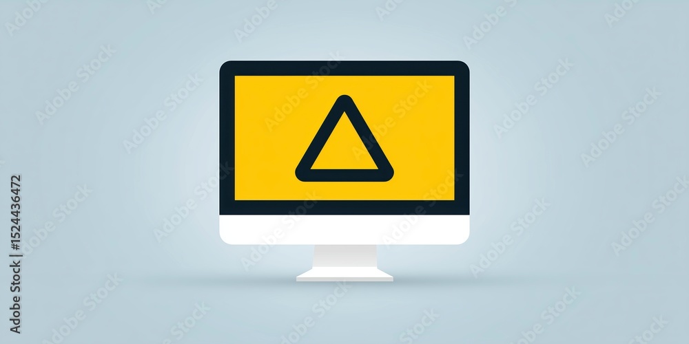 Poster computer monitor displaying a yellow warning sign with a triangle symbol, set against a soft blue ba