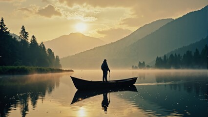 Fototapeta premium Young Adult Man Standing in Canoe on Lake Surrounded by Mountains at Sunrise