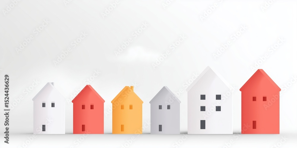 Poster colorful collection of minimalist houses in various shapes and sizes, arranged in a row against a so