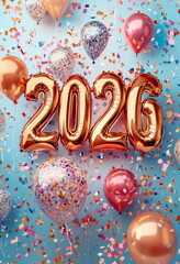 A festive new year celebration card. Metallic rose gold balloons 2026 with colorful confetti and party balloons at the blue background. Bright, optimistic tone with style and sparkle.