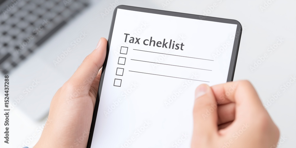 Poster hands holding a tablet displaying a tax checklist with empty boxes, symbolizing organization and pre