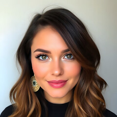 Fototapeta premium Close-up portrait of a young brunette woman. Selfie with makeup
