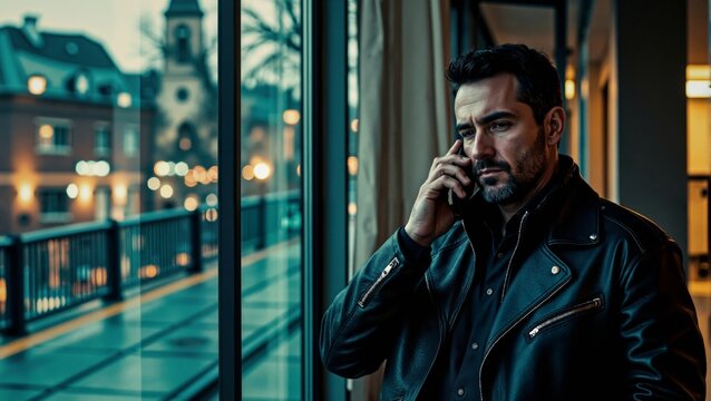 Caucasian Young Adult Man Talking on Smartphone near Window at Dusk