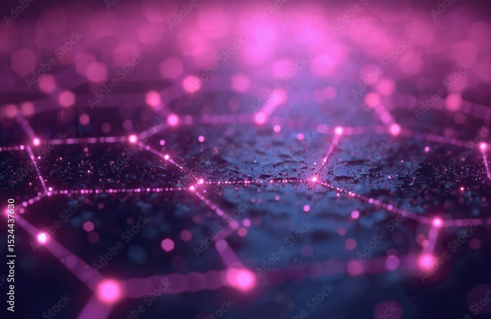 Poster abstract illustration features futuristic hexagonal technology background with purple neon glowing l