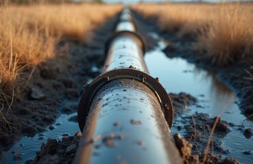 Close-up of oil pipeline amid muddy surroundings. Environmental concerns, industrial impact, intersection nature industry are in focus. Climate change, energy, ecology, pollution are in focus.