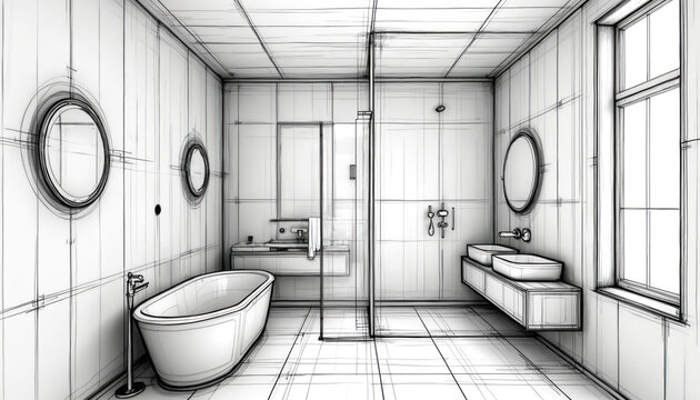 Blueprint sketch modern bathroom renovation project. Interior design with measurements details, construction elements. Architectural rendering, bathroom remodel plan, home improvement. Bathroom