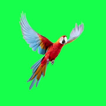 Colorful parrot flying gracefully animation, transparent 4K video, green screen