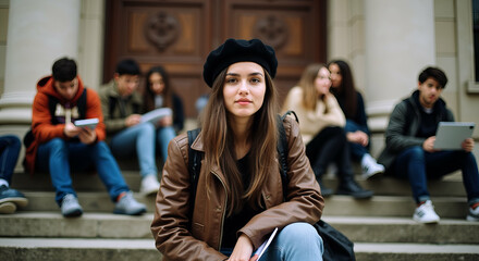 Fototapeta premium Portrait of Young Adult Caucasian Woman Sitting on Steps Holding Notebook