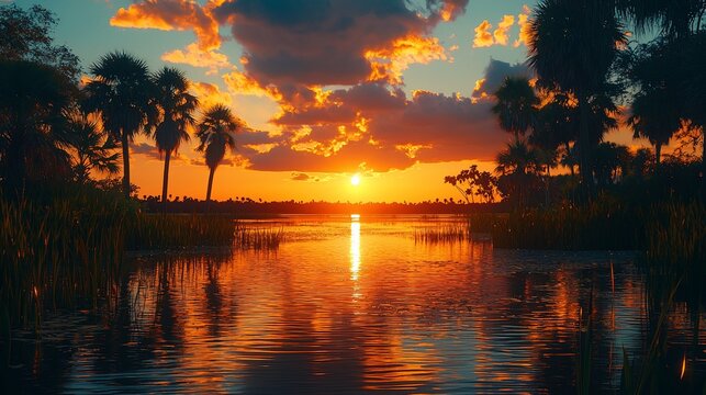 Vibrant sunset over calm water, reflecting the fiery colors of the sky. Silhouetted palm trees and reeds frame the scene