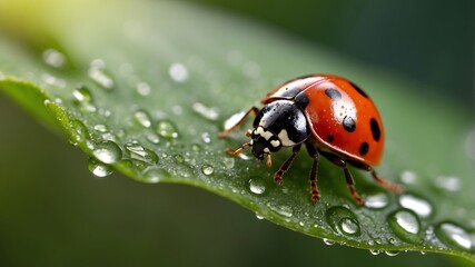 Obraz premium Ladybug on a leaf: A macro shot reveals a charming ladybug, its vibrant red shell dotted with black spots, gracefully perched on a dew-kissed leaf.