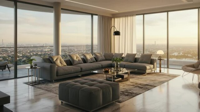 Luxury apartment interior with panoramic city view from high-rise building at sunset