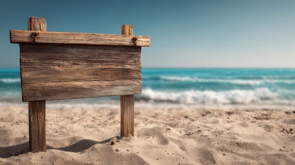 A 4K photo of wooden sign on the beach with copy space for your text, a banner-like background.