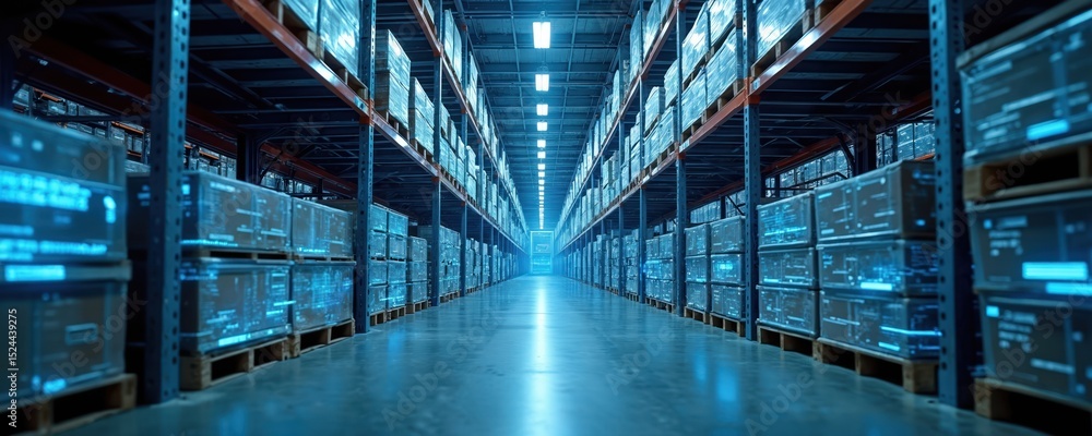 Poster Futuristic warehouse corridor illuminated blue data projections. Rows of stacked boxes on shelves represent automated logistics. Technology innovation in distribution. Storage depot. Smart warehouse