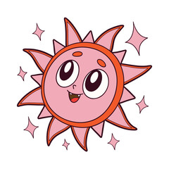 Kawaii, style sun emoji line icon with cute expression and sparkles