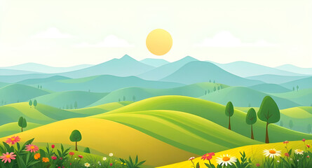 Obraz premium Horizon over meadow, Farm meadow illustration, Sky panorama, Pastoral landscape, Field and sky illustration, Natural scenery vector, Countryside panorama, Summer meadow vector, Green grass field, Rura