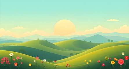 Scenic countryside, Cloudy blue sky, Vast green meadow, Wide open landscape, Rural field background, Grassland vector, Horizon over meadow, Farm meadow illustration, Sky panorama, Pastoral landscape, 