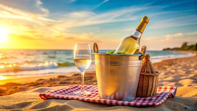 White wine bottle chilling in an ice bucket on a wooden table - Powered by Adobe