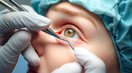 Close up of the face of a patient who is undergoing blepharoplasty. The surgeon cuts the eyelid and performs manipulations using medical instruments