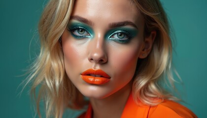 Fototapeta premium Attractive model with vibrant makeup, bold lip color posing in studio. Glamorous beauty portrait with colorful eyeshadow, perfect skin, blond hair. Fashion concept for cosmetics, beauty ads.