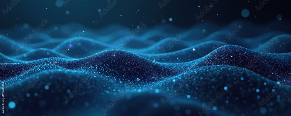 Poster Abstract digital background. Futuristic digital landscape, waves of data, floating particles. Ideal for science, tech projects, depicting network abilities, technological processes, digital storages.