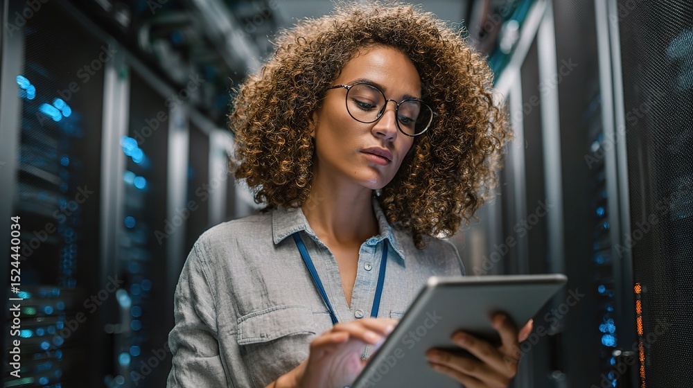 Poster female engineer using tablet in server room for technology tasks