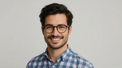 Obraz premium Portrait of a smiling man with glasses wearing a blue plaid shirt