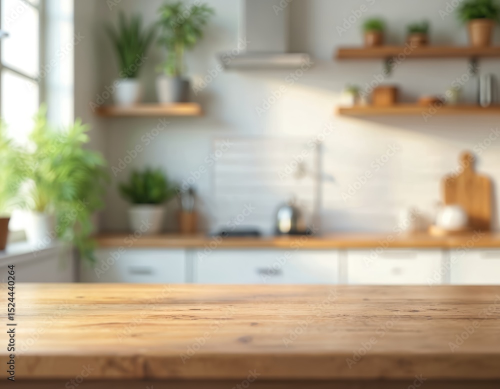Poster wooden table top on blurred kitchen background. empty space for product display. rustic style table 