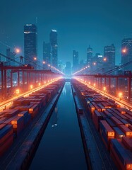 Fototapeta premium Illustration of night city cargo port. Shipping containers, cranes, city skyline with skyscrapers. Logistics, transportation, industry, infrastructure. Modern tech, global commerce, import export