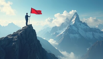 Businessman holds red flag peak. Symbolic representation business success, reaching goals, overcoming challenges. Concept of ambition, leadership, achievement, motivation, overcoming obstacles,