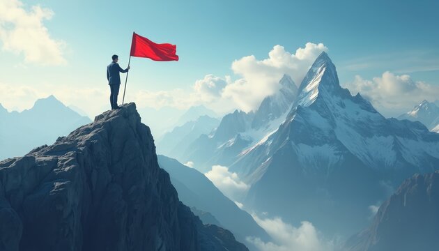 Businessman holds red flag peak. Symbolic representation business success, reaching goals, overcoming challenges. Concept of ambition, leadership, achievement, motivation, overcoming obstacles,