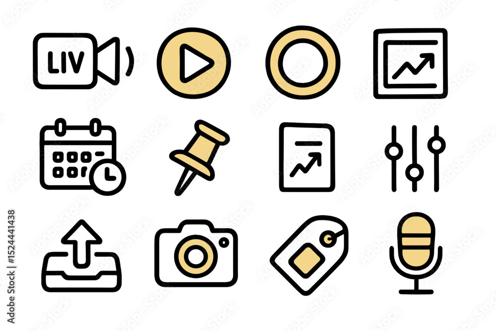 Poster set of multimedia icons on brown background for digital use