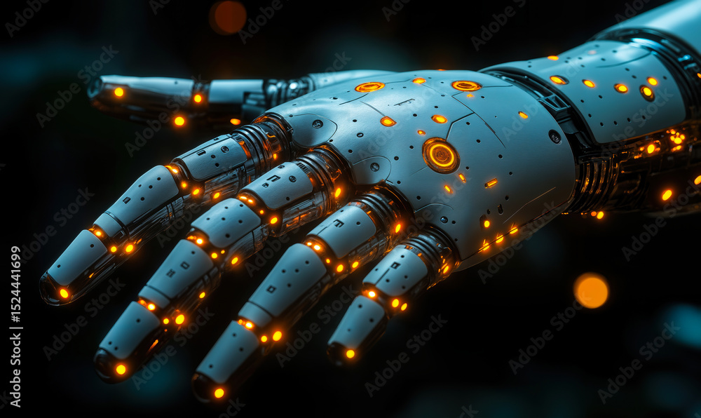 Poster futuristic robotic hand with illuminated orange circuit lights close-up on black background advanced