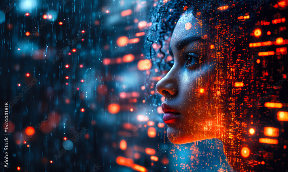 Poster profile of woman face with digital data code pattern overlay in futuristic abstract technology conce