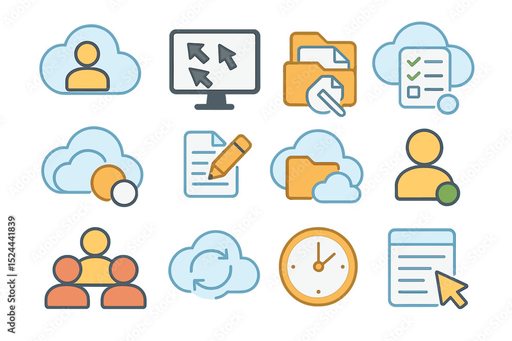Poster cloud computing icons and symbols representing data management and collaboration
