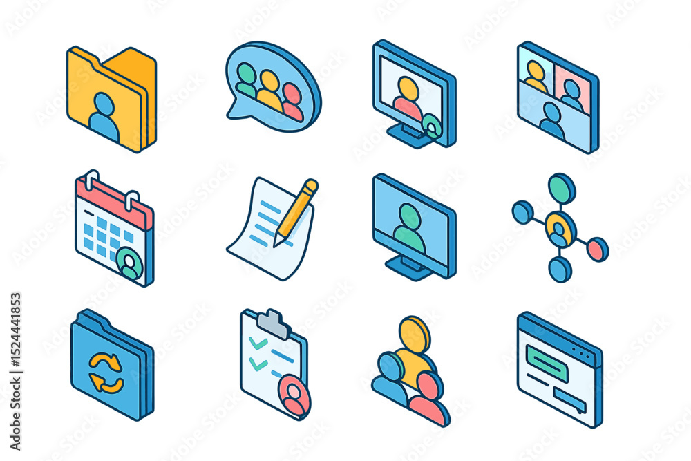 Poster colorful communication and collaboration icons collection on gradient background